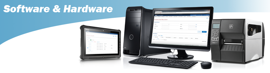Software & Hardware Title Header with Computer and Tablet and Printer