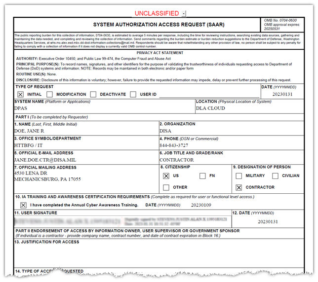 Example of DD Form 2875 With User Info Filled in