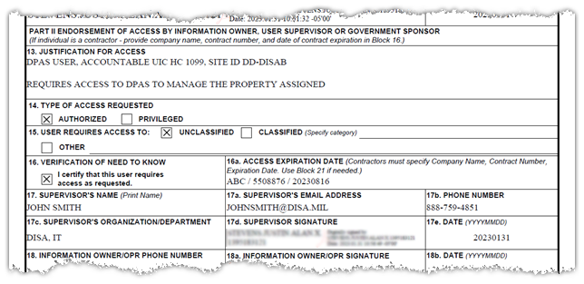 DD Form 2875 Supervisor Section Filled Out