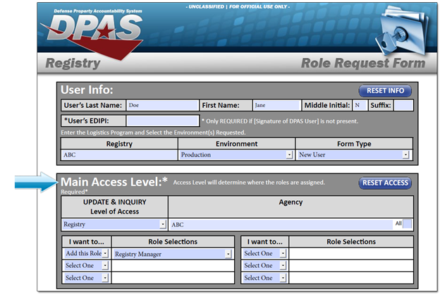 Section Two - Sample of Registry Roles Request Form