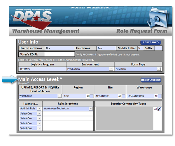 Section Two Sample of WM Roles Request Form